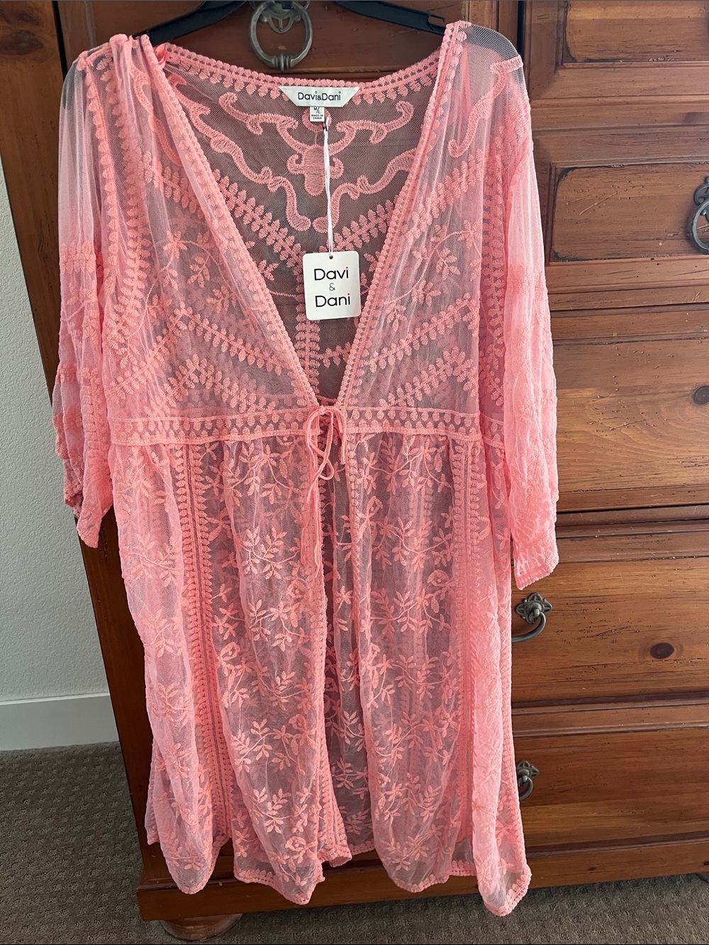 DAVI & DANI Peach Floral Lace Sheer Top Kimona NWT Size M/L